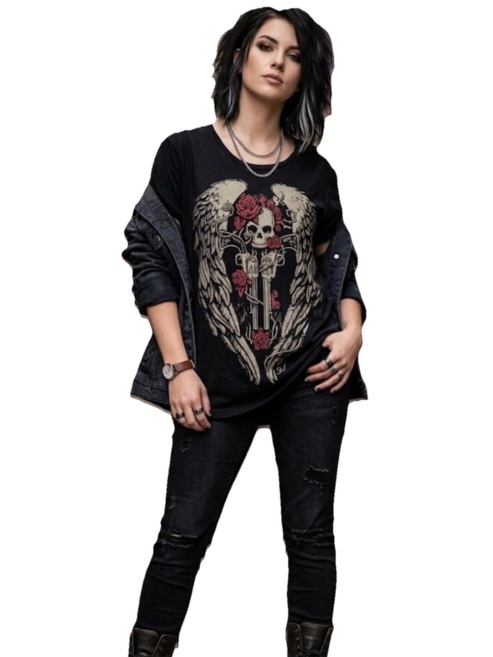 Key Closet Skull & Guns Women’s Black Short Sleeve Cotton Shirt Size XS